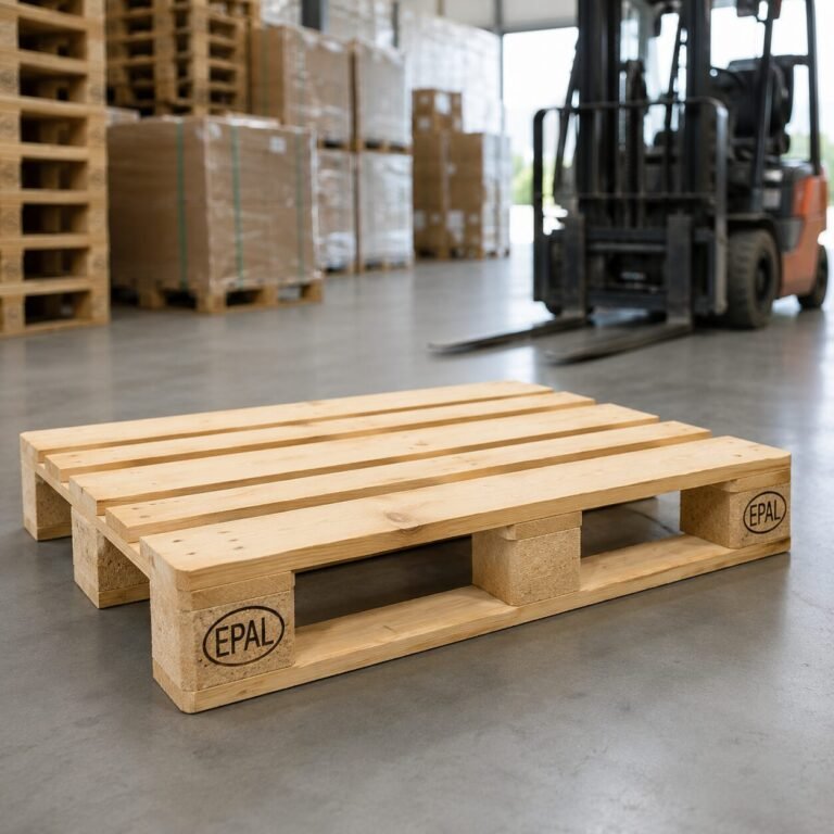 Palette Europ EPAL en bois dans un entrepôt logistique avec chariot élévateur et marchandises stockées sur palettes